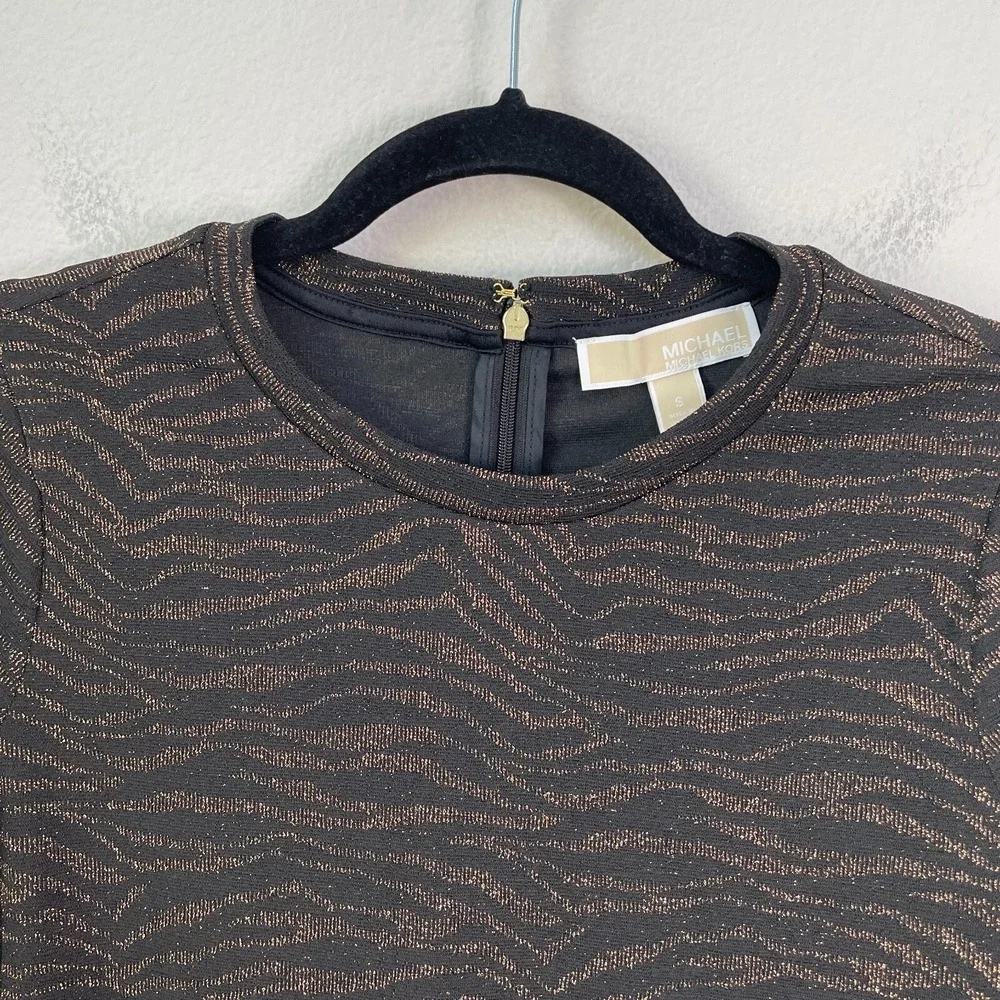 Michael Kors Womens Small Metallic Animal Print Flounce Hem Dress Long Sleeve‎